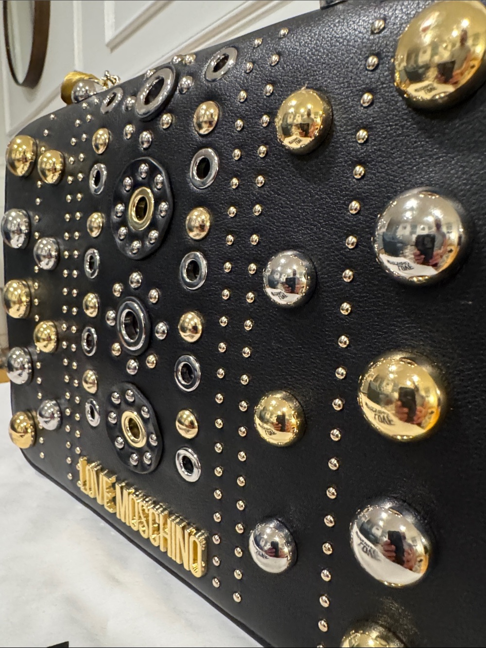 Love Moschino Bag Black Studded Chain Crossbody Shoulder Bag with Gold Accents - Picture 6 of 17